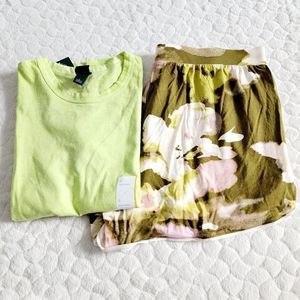 New green floral pajamas neon small lounge comfy tee shirt shorts bundle